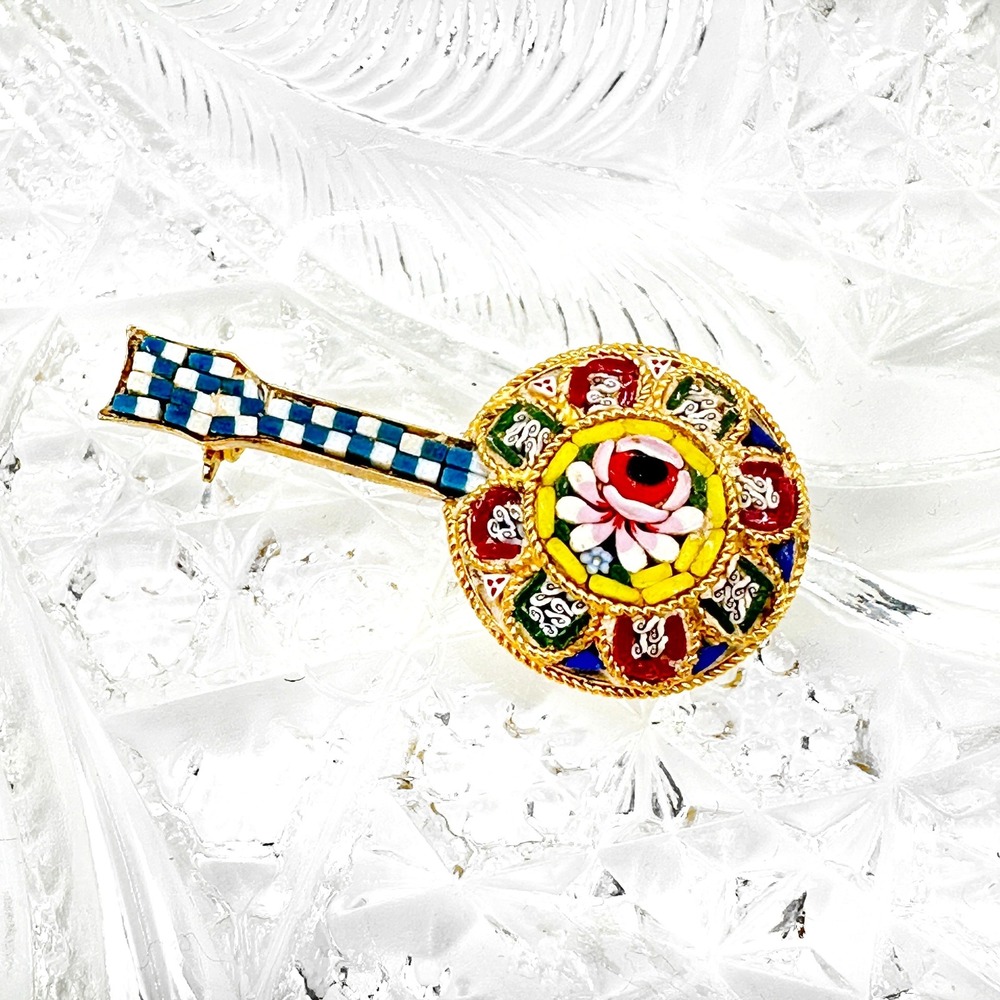 Vintage Italian Micro Mosaic Mandolin‎ Brooch Gold Tone Enamel Italy Marked